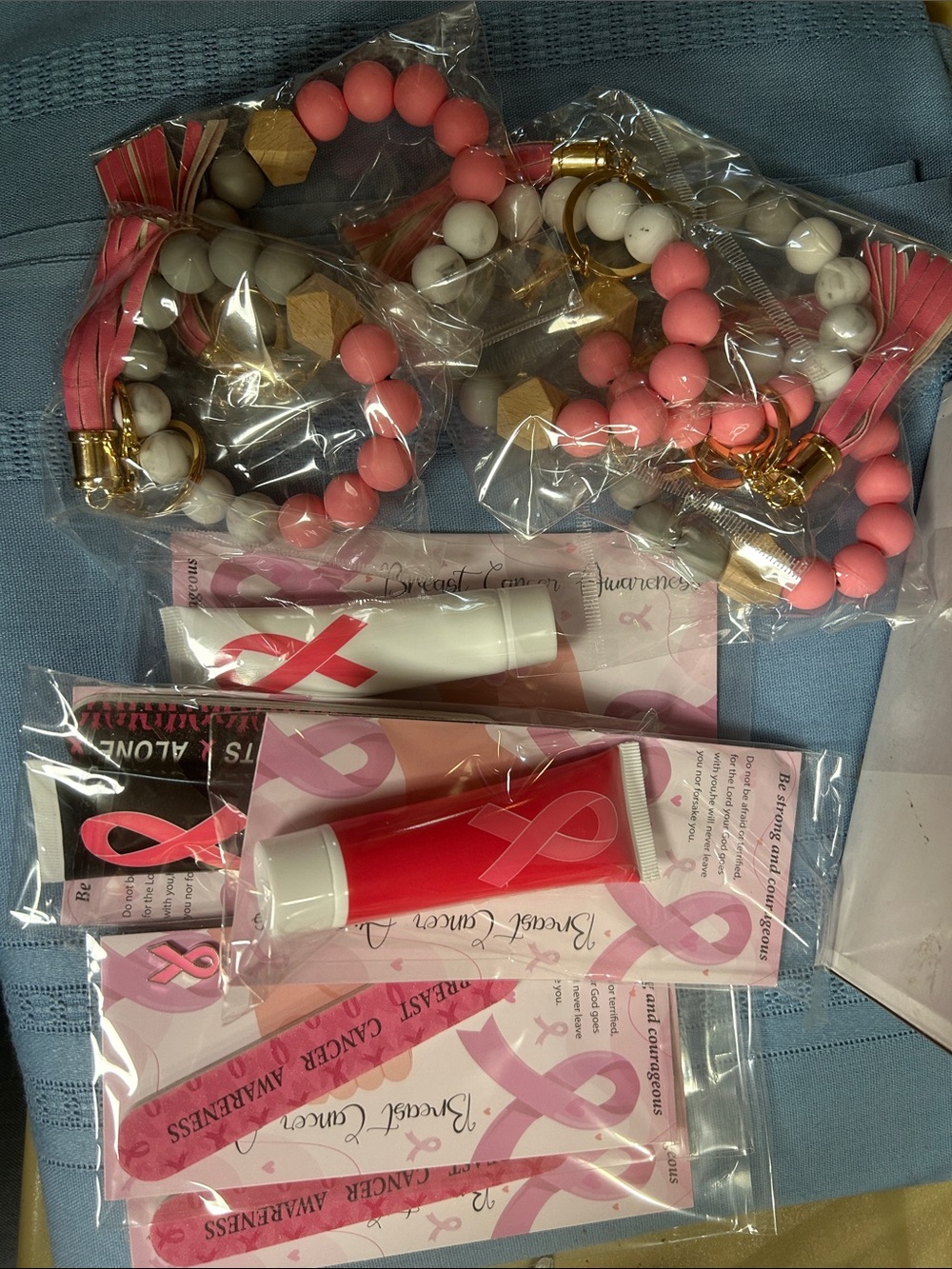 Pink Ribbon Breast Cancer Awareness Gift Set with Beaded Keychains